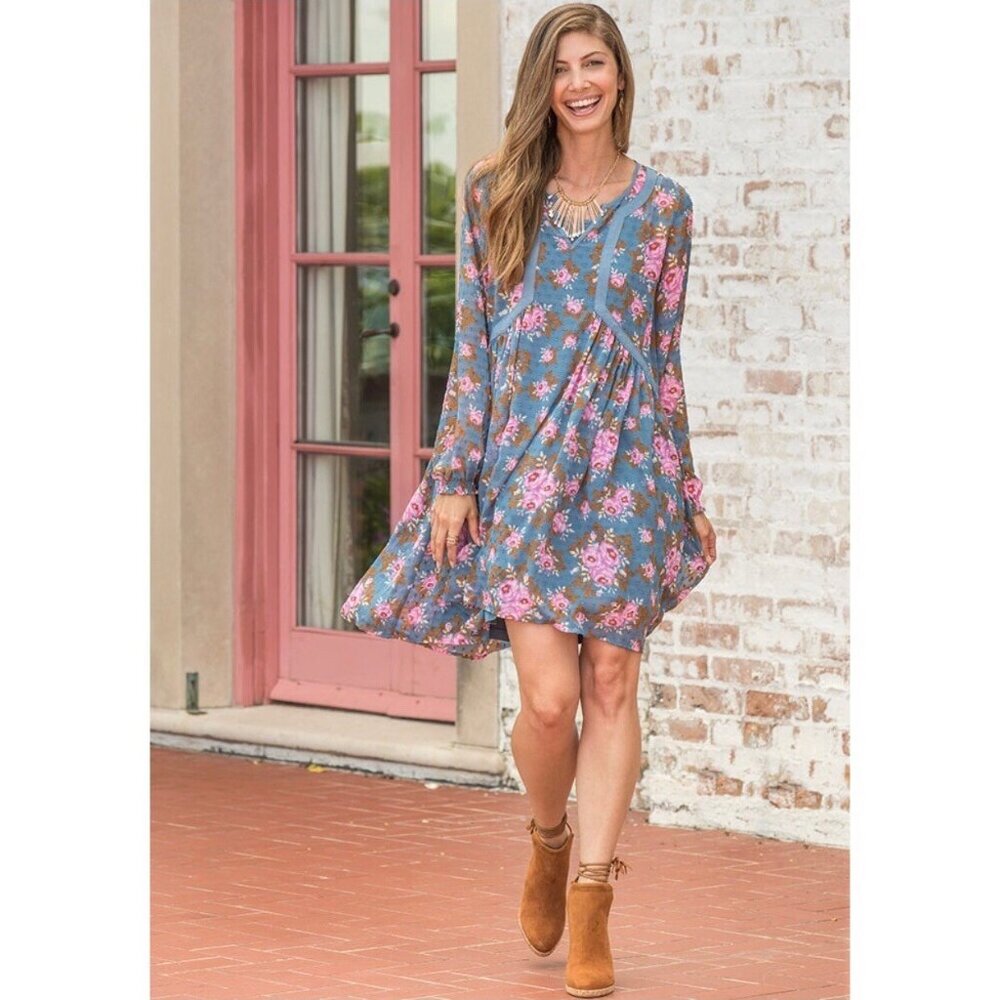 Matilda Jane Blue Swiss Dot Floral Long Sleeve To The Nines Blue Pink Dress Mini